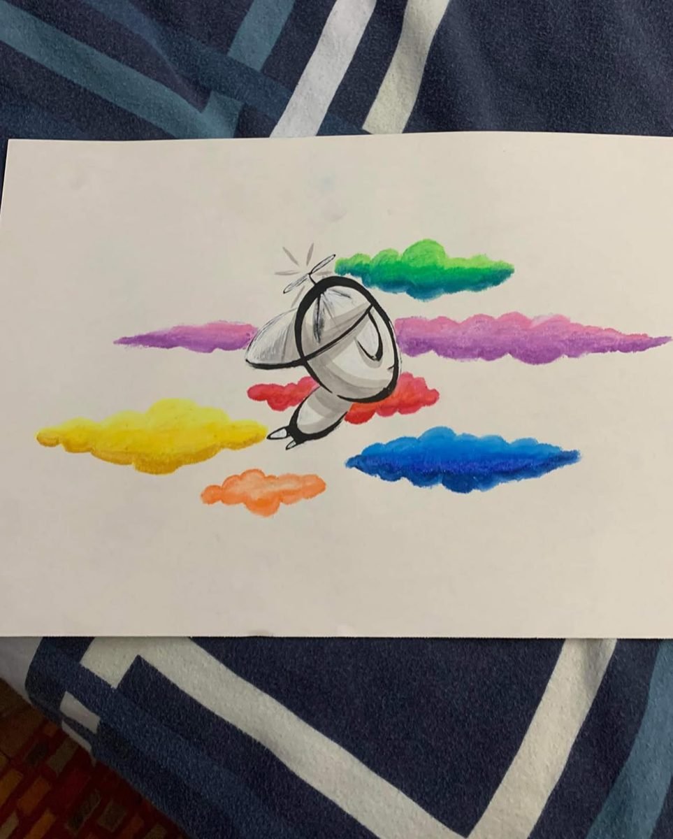 Rainbowboy drawing — helicopter beanie kid flying through rainbow clouds, by Robin Gnarly