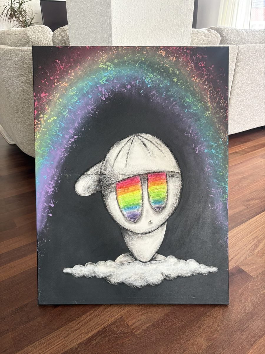 Rainbowboy on canvas — charcoal figure with rainbow eyes under a speckled rainbow arc, by Robin Gnarly